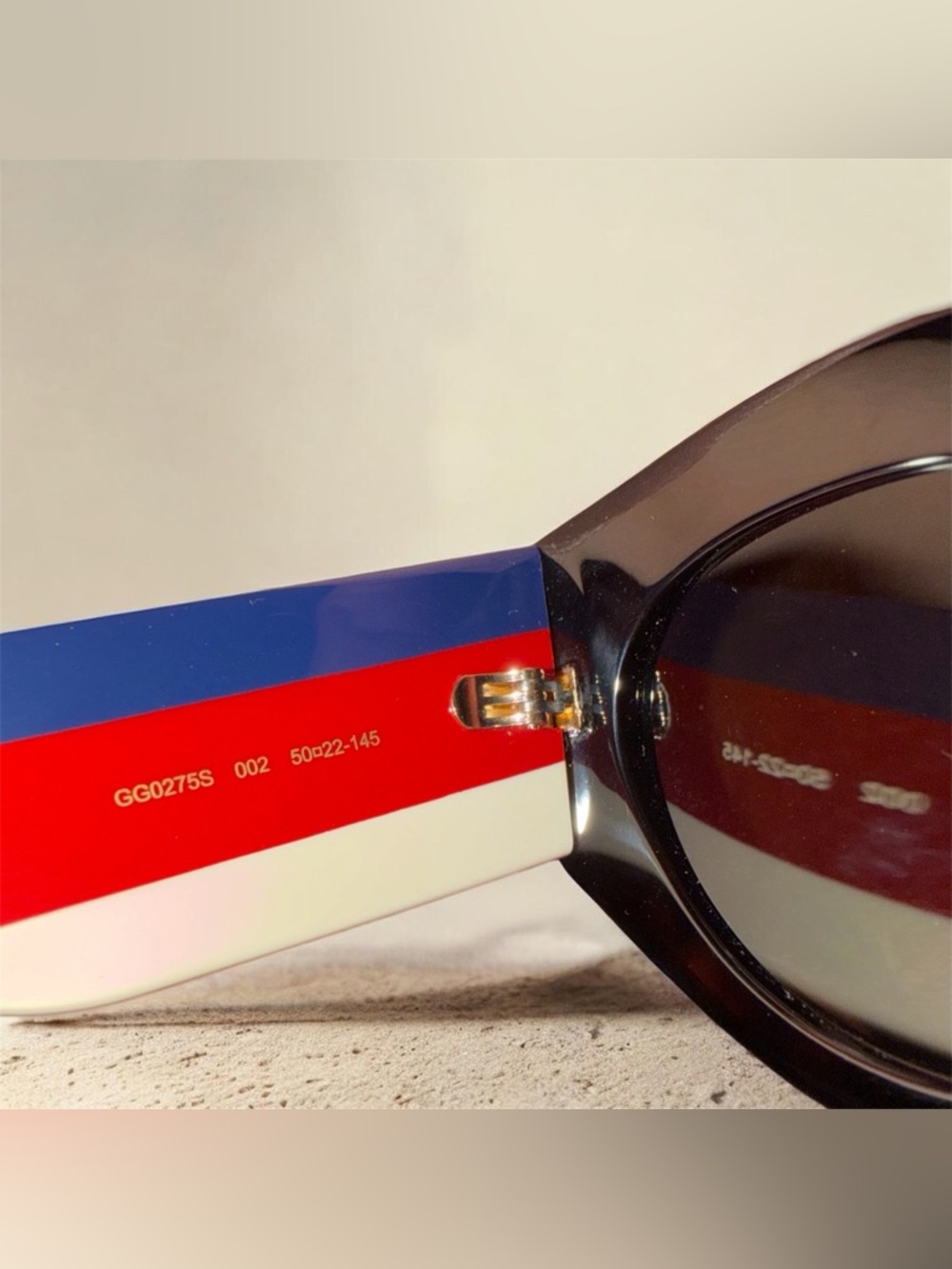 Gucci Black Cat-Eye Sunglasses with Navy and Red Striped Temples - Picture 5 of 10